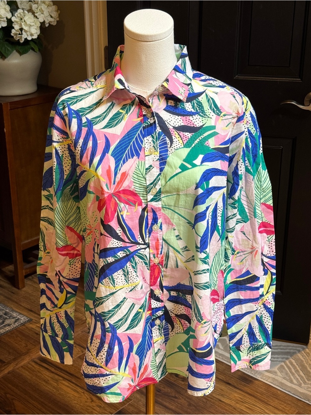 {LOFT} Pink Blue Tropical Long Sleeve Button Down Cotton Shirt Blouse Top WSH16